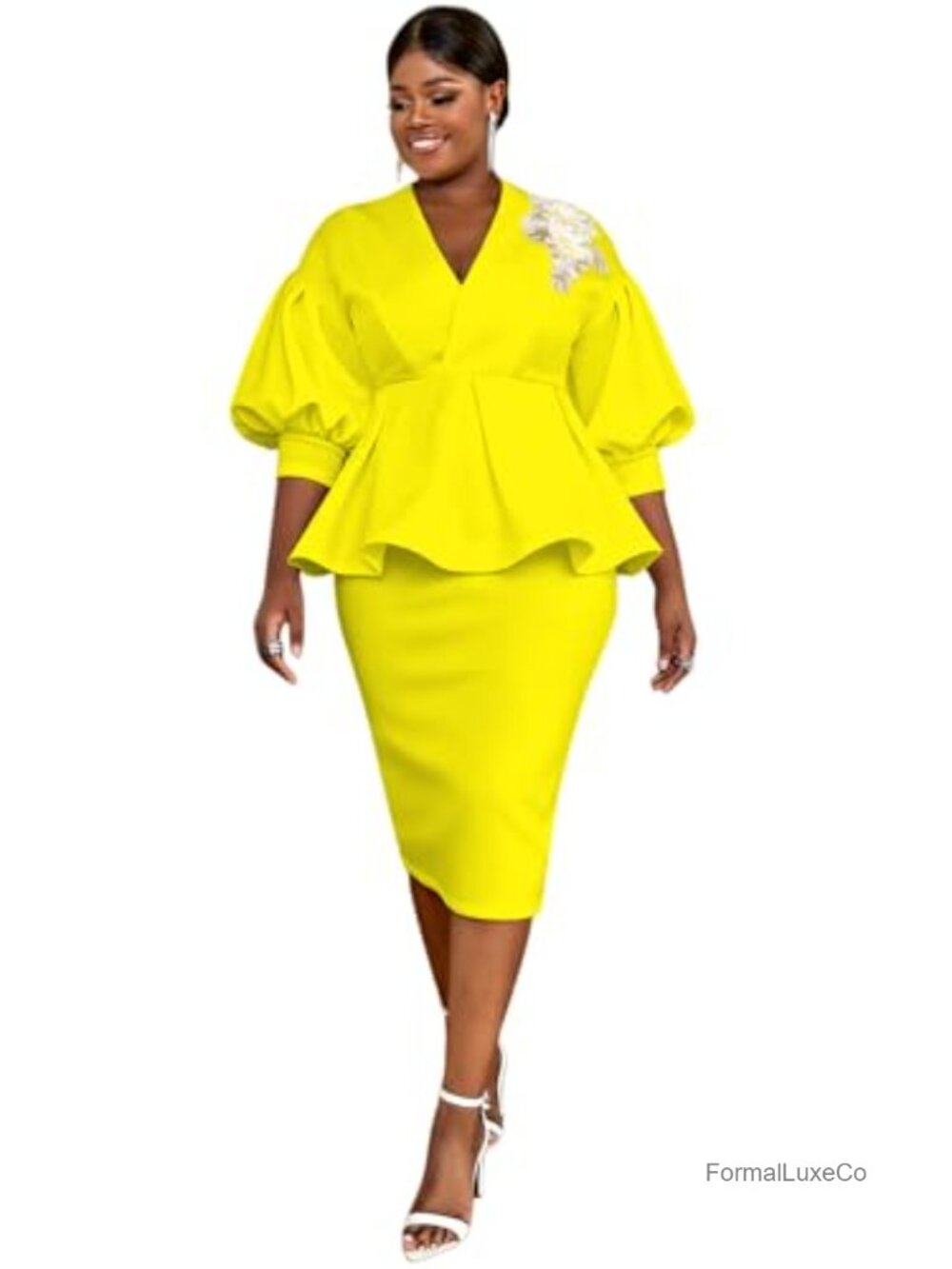 Women 2 Piece Skirt Suit Set 3/4 Puff Sleeve Peplum Top Pencil Midi Skirt